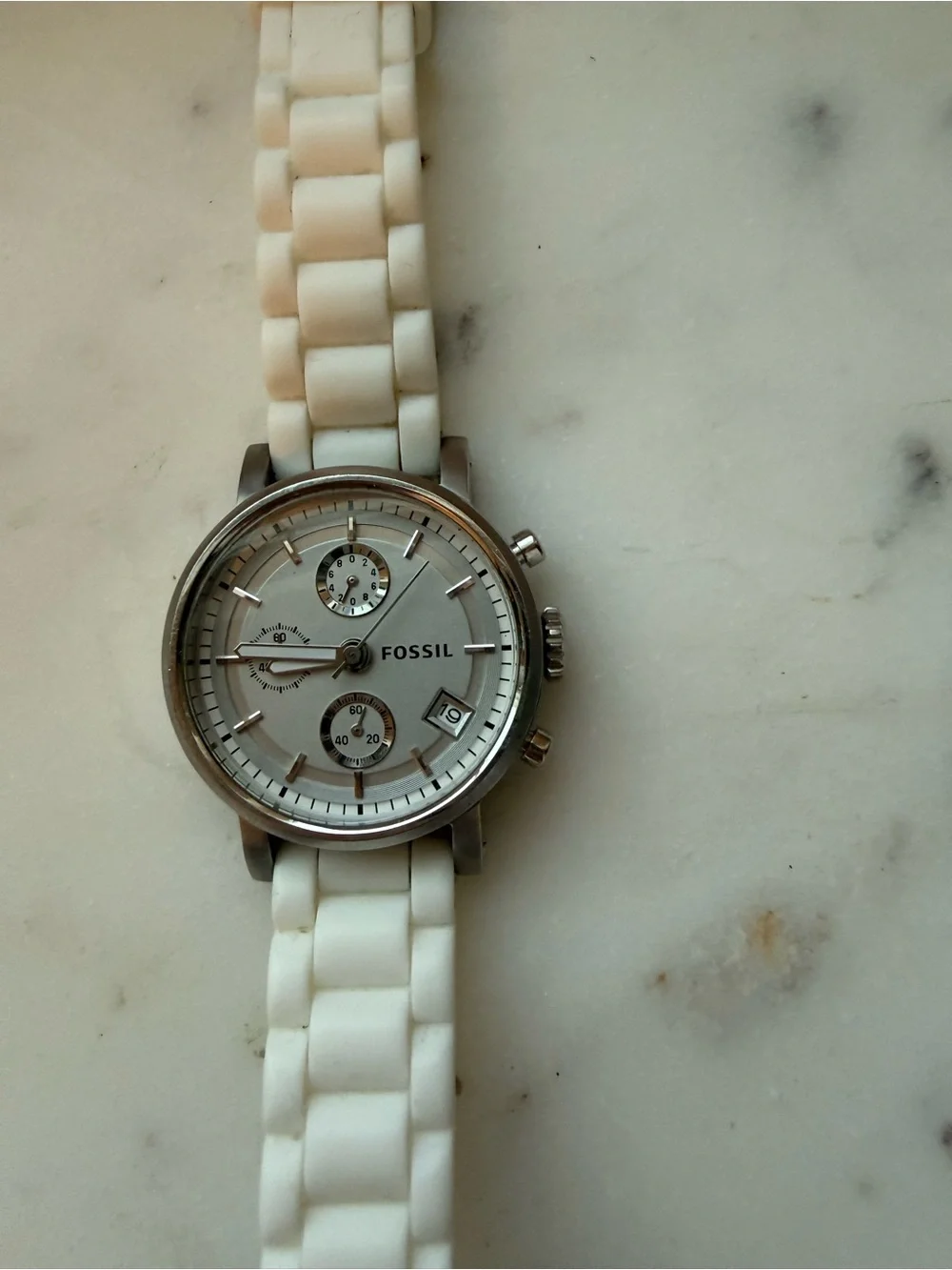Fossil Silver Dial and White Silicone Strap Chronograph Watch